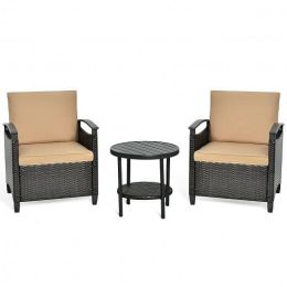 3 Pieces Patio Rattan Furniture Set Cushioned Sofa Storage Table with Shelf Garden