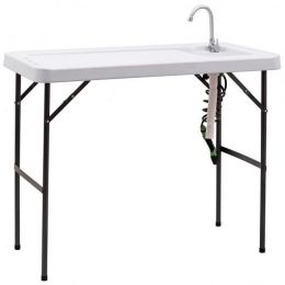 Folding Cleaning Sink Faucet Cutting Camping Table with Sprayer - Color: White