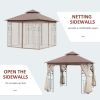 Outsunny 10' x 10' Outdoor Patio Gazebo Canopy with 2-Tier Polyester Roof, Netting, Curtain Sidewalls, and Steel Frame, Brown
