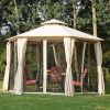 Outsunny 13' x 13' Party Tent 2 Tier Outdoor Hexagon Patio Canopy, Mesh Nettings, Curtains, Double Vented Roof Gazebo, UV and Water Protection, Beige