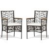2 Pieces PE Wicker Patio Bistro Dining Chairs with Acacia Wood Armrests and Cushions