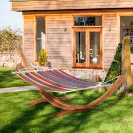 Outsunny 154'' x 47'' Outdoor Hammock, Arch Wooden Hammock with Stand, Single Bed w/ Straps and Hooks, Multi-color Stripe
